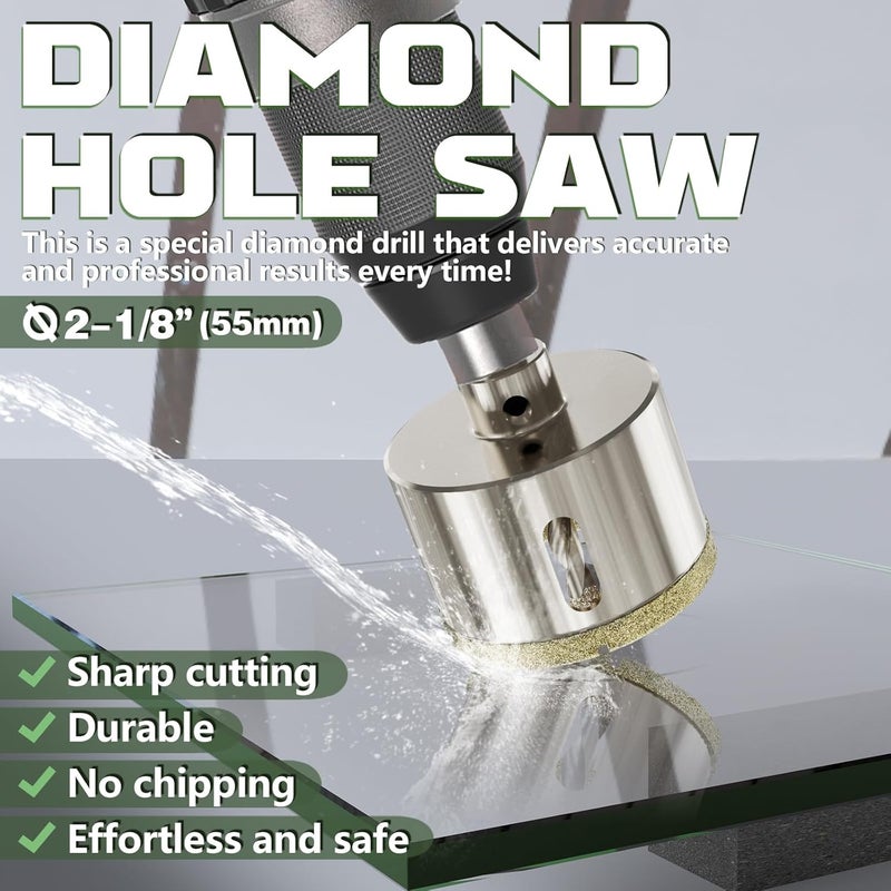 CSOOM 2-1/8"(55mm) Diamond Hole Saw with Center Drill Bit, One-Touch Positioning, Easy to Penetrate Hard Materials Such as Ceramic, Tile, Glass, Granite, Marble, etc. - Image 3